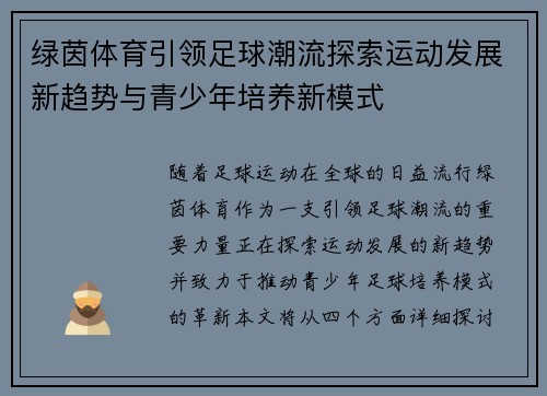 绿茵体育引领足球潮流探索运动发展新趋势与青少年培养新模式